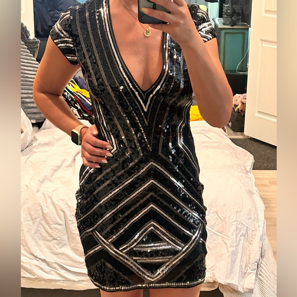 Express Black and Silver Geometric Sequin Mini Dress